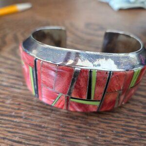 Calvin Begay Navajo Inlay Bracelet, Sterling Silver, Spiny Oyster & Gaspeite